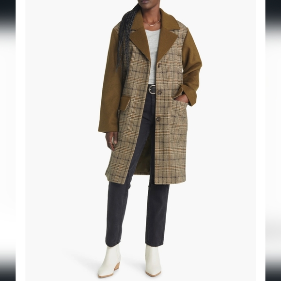 NWT Treasure & Bond Mixed Media Utility Coat Brown Olive Plaid Mix Size S - Picture 2 of 11